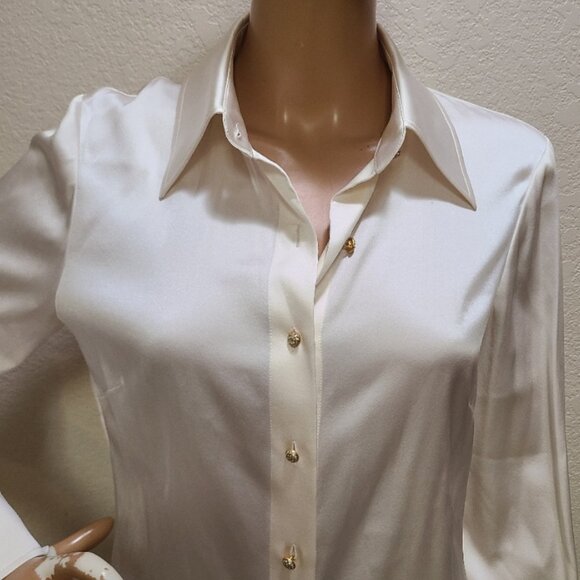 ST. JOHN STRETCH SILK COLLARED BLOUSE SHIRT TOP RHINESTONE BUTTON FRONT sz 6 - Picture 3 of 8